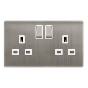 Click Definity Complete 13A Ingot 2 Gang Dp Switched Socket Stainless Steel Cover Plate Polar White Insert