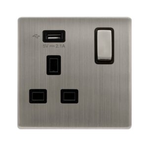 Click Definity Complete 13A Ingot 1 Gang Switched Socket With 2.1A Usb Outlet Stainless Steel Cover Plate Black Insert