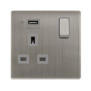Click Definity Complete 13A Ingot 1 Gang Switched Socket With 2.1A Usb Outlet Stainless Steel Cover Plate Grey Insert