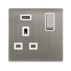 Click Definity Complete 13A Ingot 1 Gang Switched Socket With 2.1A Usb Outlet Stainless Steel Cover Plate Polar White Insert