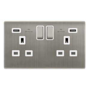Click Definity Complete 13A Ingot 2 Gang Switched Socket With 2.1A Usb Outlets Stainless Steel Cover Plate Polar White Insert
