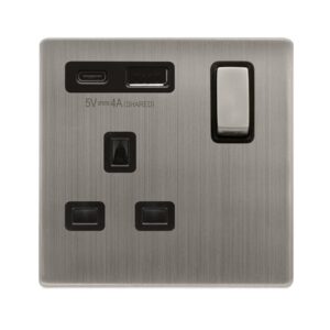 Click Definity Complete Definity Ingot 13A 1 Gang Switched Safety Shutter Socket Outlet With Type A & C Usb (4A) Outlets Stainless Steel Black Inserts