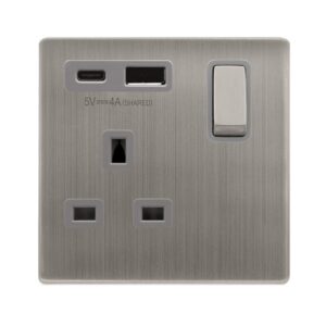 Click Definity Complete Definity Ingot 13A 1 Gang Switched Safety Shutter Socket Outlet With Type A & C Usb (4A) Outlets Stainless Steel Grey Inserts