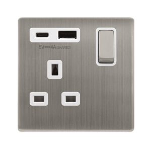 Click Definity Complete Definity Ingot 13A 1 Gang Switched Safety Shutter Socket Outlet With Type A & C Usb (4A) Outlets Stainless Steel Polar White Inserts