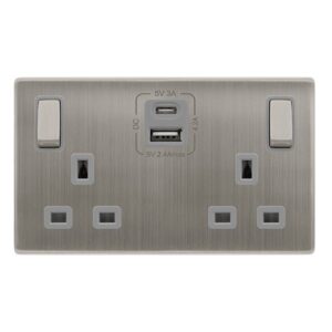 Click Definity Complete 13A Ingot 2 Gang Switched Safety Shutter Socket With Type A & C Usb Stainless Steel Cover Plate Grey Insert