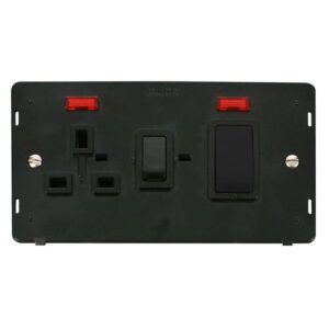 Click Definity 50A 2 Gang Double Pole Switch With 13A Double Pole Switched Socket Outlet & Neons Insert Black Insert & Rockers