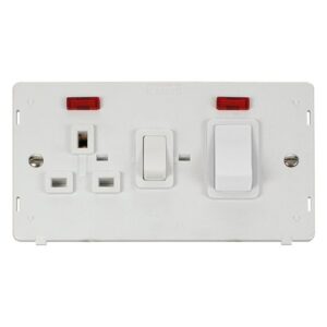 Click Definity 50A 2 Gang Double Pole Switch With 13A Double Pole Switched Socket Outlet & Neons Insert Polar White Insert & Rockers