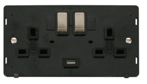 Click Definity 13A 2G Ingot Switched Socket With 2.1A Usb Outlet Insert Black / Brushed Stainless