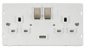Click Definity 13A 2G Ingot Switched Socket With 2.1A Usb Outlet Insert White / Brushed Stainless