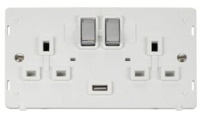 Click Definity 13A 2G Ingot Switched Socket With 2.1A Usb Outlet Insert White / Chrome