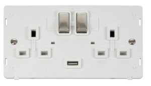 Click Definity 13A 2G Ingot Switched Socket With 2.1A Usb Outlet Insert White / Stainless Steel