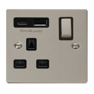 Click Deco Deco Ingot 13A 1 Gang Switched Safety Shutter Socket Outlet With Type A & C Usb (4A) Outlets Pearl Nickel Black Inserts