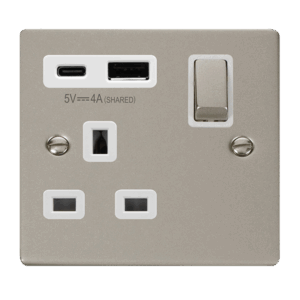Click Deco Deco Ingot 13A 1 Gang Switched Safety Shutter Socket Outlet With Type A & C Usb (4A) Outlets Pearl Nickel White Inserts