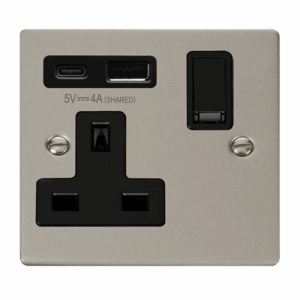 Click Deco Deco Non Ingot 13A 1 Gang Switched Safety Shutter Socket Outlet With Type A & C Usb (4A) Outlets Pearl Nickel Black Inserts