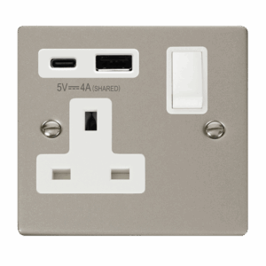 Click Deco Deco Non Ingot 13A 1 Gang Switched Safety Shutter Socket Outlet With Type A & C Usb (4A) Outlets Pearl Nickel White Inserts
