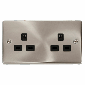 Click Deco 13A 2 Gang 3 Pin Safety Shutter Unswitched Socket Outlet Satin Chrome Black Insert