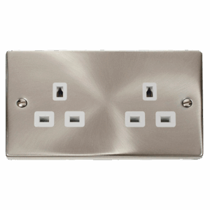 Click Deco 13A 2 Gang 3 Pin Safety Shutter Unswitched Socket Outlet Satin Chrome White Insert