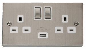 Click Deco Stainless Steel 13A 2G Ingot Switched Socket With 2.1A Usb Outlet White