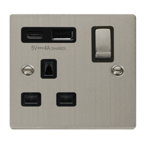 Click Deco Deco Ingot 13A 1 Gang Switched Safety Shutter Socket Outlet With Type A & C Usb (4A) Outlets Stainless Steel Black Inserts