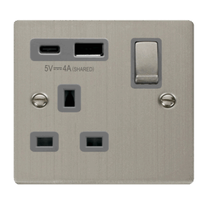 Click Deco Deco Ingot 13A 1 Gang Switched Safety Shutter Socket Outlet With Type A & C Usb (4A) Outlets Stainless Steel Grey Inserts