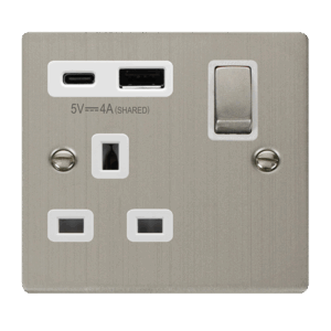 Click Deco Deco Ingot 13A 1 Gang Switched Safety Shutter Socket Outlet With Type A & C Usb (4A) Outlets Stainless Steel White Inserts