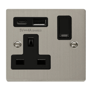 Click Deco Deco Non Ingot 13A 1 Gang Switched Safety Shutter Socket Outlet With Type A & C Usb (4A) Outlets