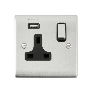 Saxby Electrical Raised Screwed 13A 1G DP Socket 2.1V USB Brushed Steel