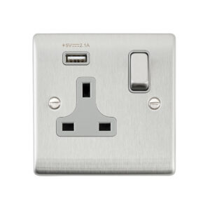 Saxby Electrical Raised Screwed 13A 1G DP Socket 2.1V USB Brushed Steel