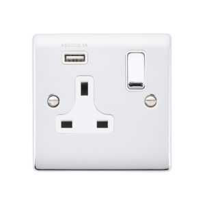 Saxby Electrical Raised Screwed 13A 1G DP Socket 2.1V USB Polished Chrome