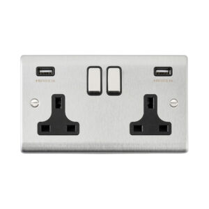 Saxby Electrical Raised Screwed 13A 2G DP Socket twin 5V USB Brushed Steel