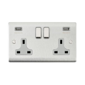 Saxby Electrical Raised Screwed 13A 2G DP Socket twin 5V USB Brushed Steel