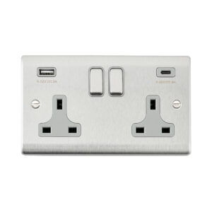 Saxby Electrical Raised Screwed 13A 2G DP Socket 45W USB A+C Brushed Steel