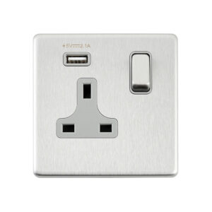 Saxby Electrcial Screwless 13A 1G DP Socket 2.1V USB Brushed Steel