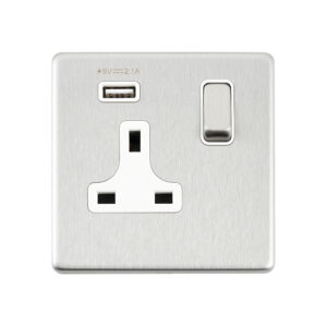 Saxby Electrcial Screwless 13A 1G DP Socket 2.1V USB Brushed Steel