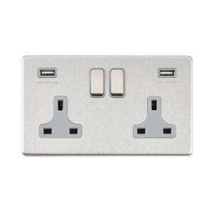 Saxby Electrcial Screwless 13A 2G DP Socket twin 5V USB Brushed Steel