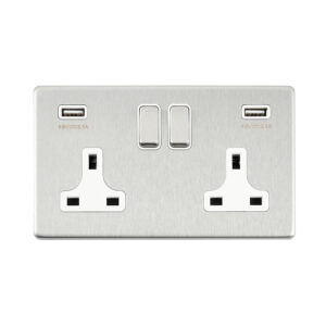 Saxby Electrcial Screwless 13A 2G DP Socket twin 5V USB Brushed Steel