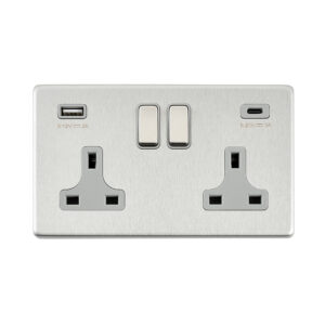 Saxby Electrcial Screwless 13A 2G DP Socket 45W USB A+C Brushed Steel