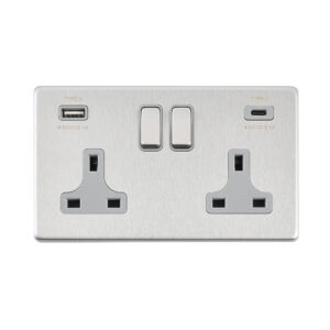 Saxby Electrcial Screwless 13A 2G DP Socket 15.5W USB A+C Brushed Steel