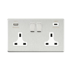 Saxby Electrcial Screwless 13A 2G DP Socket 15.5W USB A+C Brushed Steel